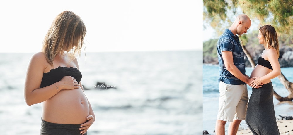 Hapuna Maternity Session with a happy couple at Puako Bay captured by Ann Ferguson Photography