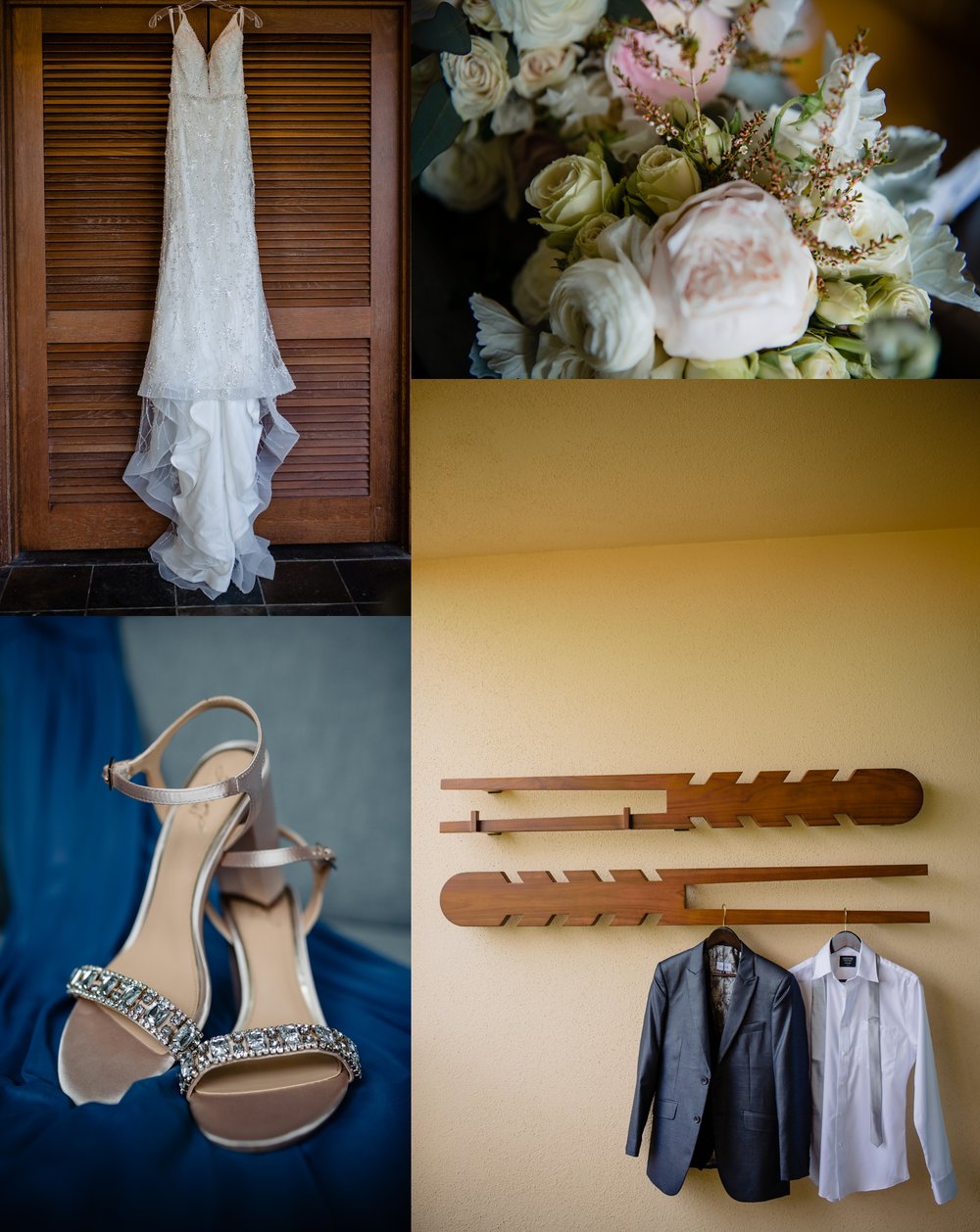 wedding details: dress, flowers, shoes, suit