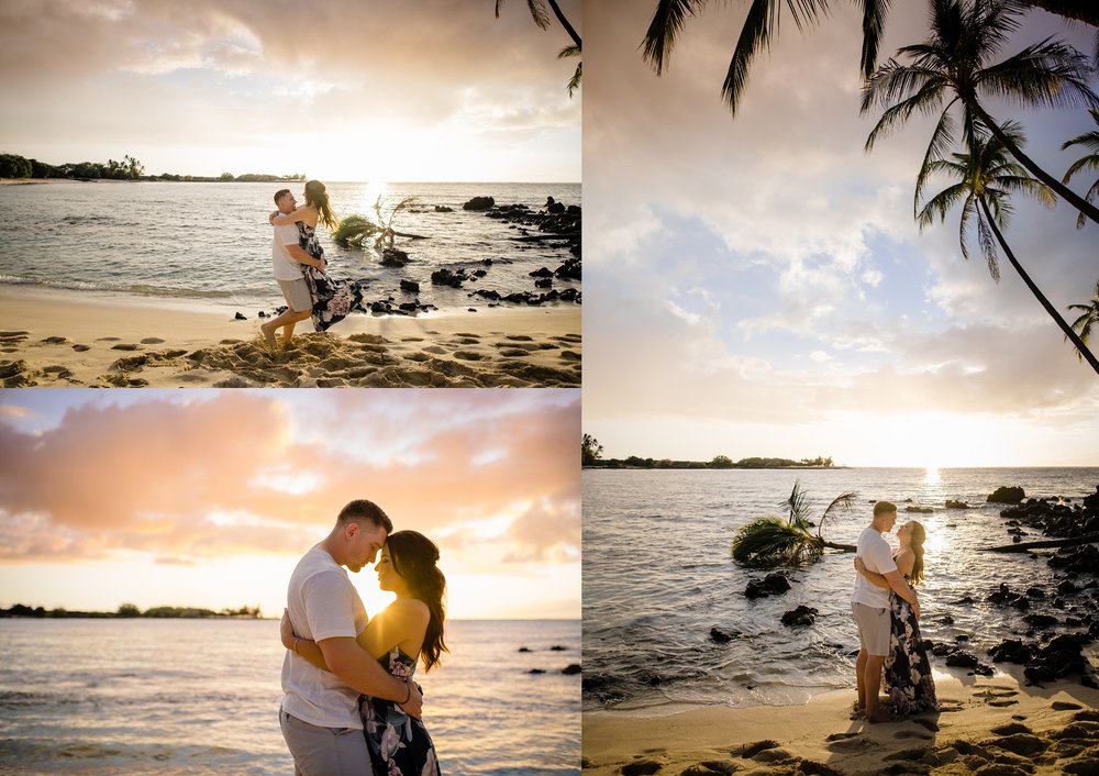 sweet couple under the stunning sunset during their engagement