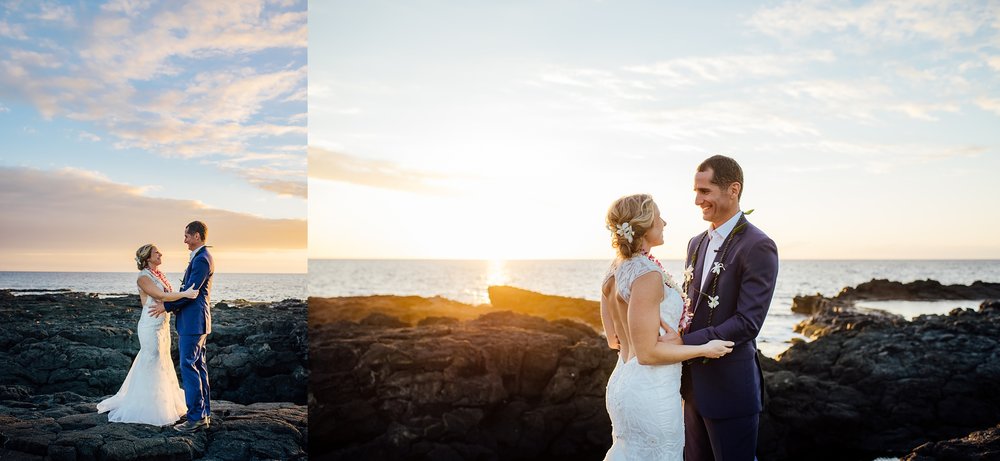 newlyweds on the lava rocks during sunset