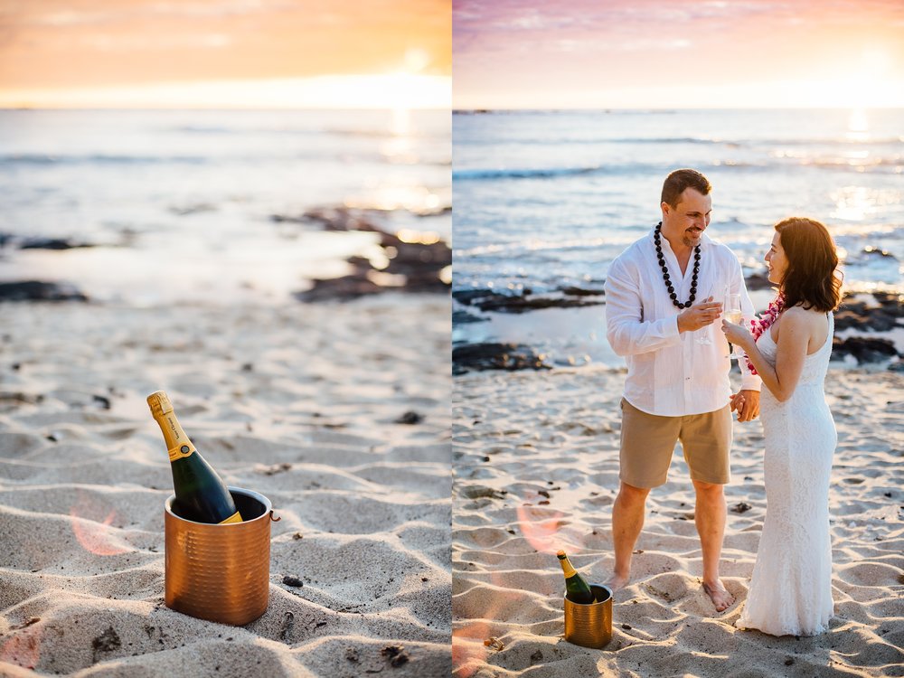 married couple drinking wine during sunset at the beach