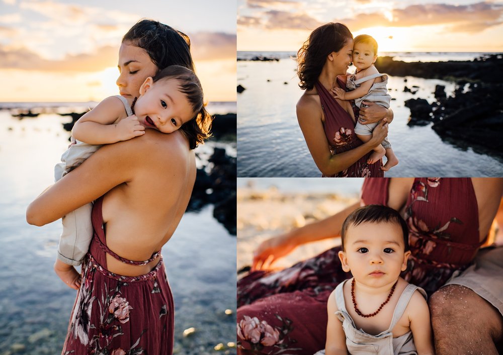 Mom loving on her kids at sunset on a beach on the Big Island