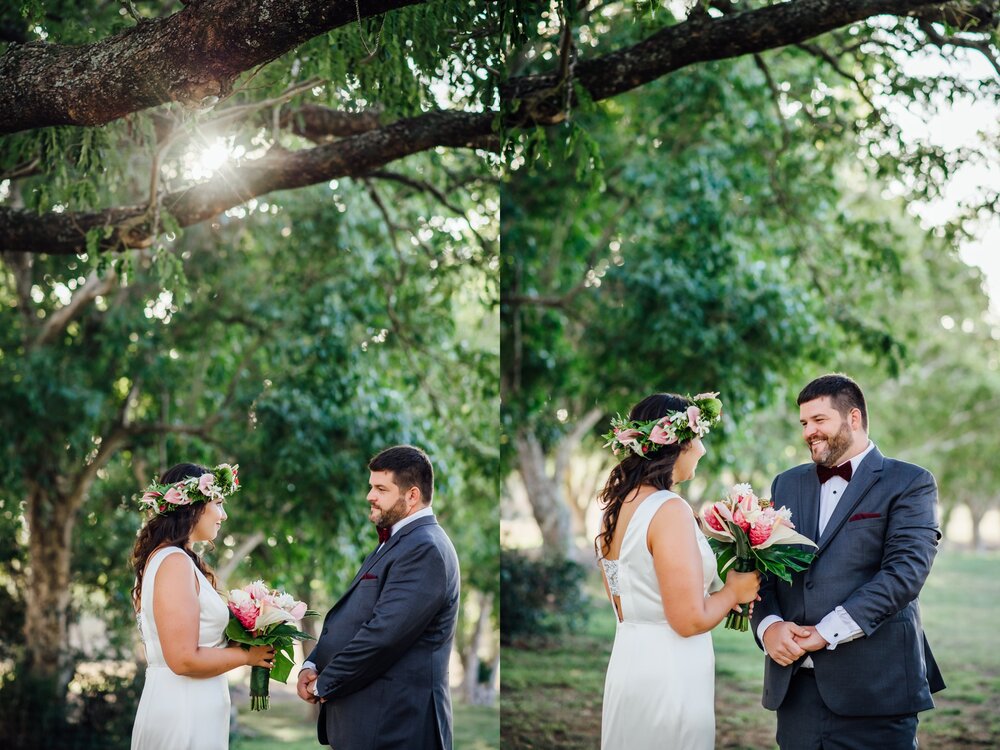 sweet bride and groom during first look at Puakea Ranch