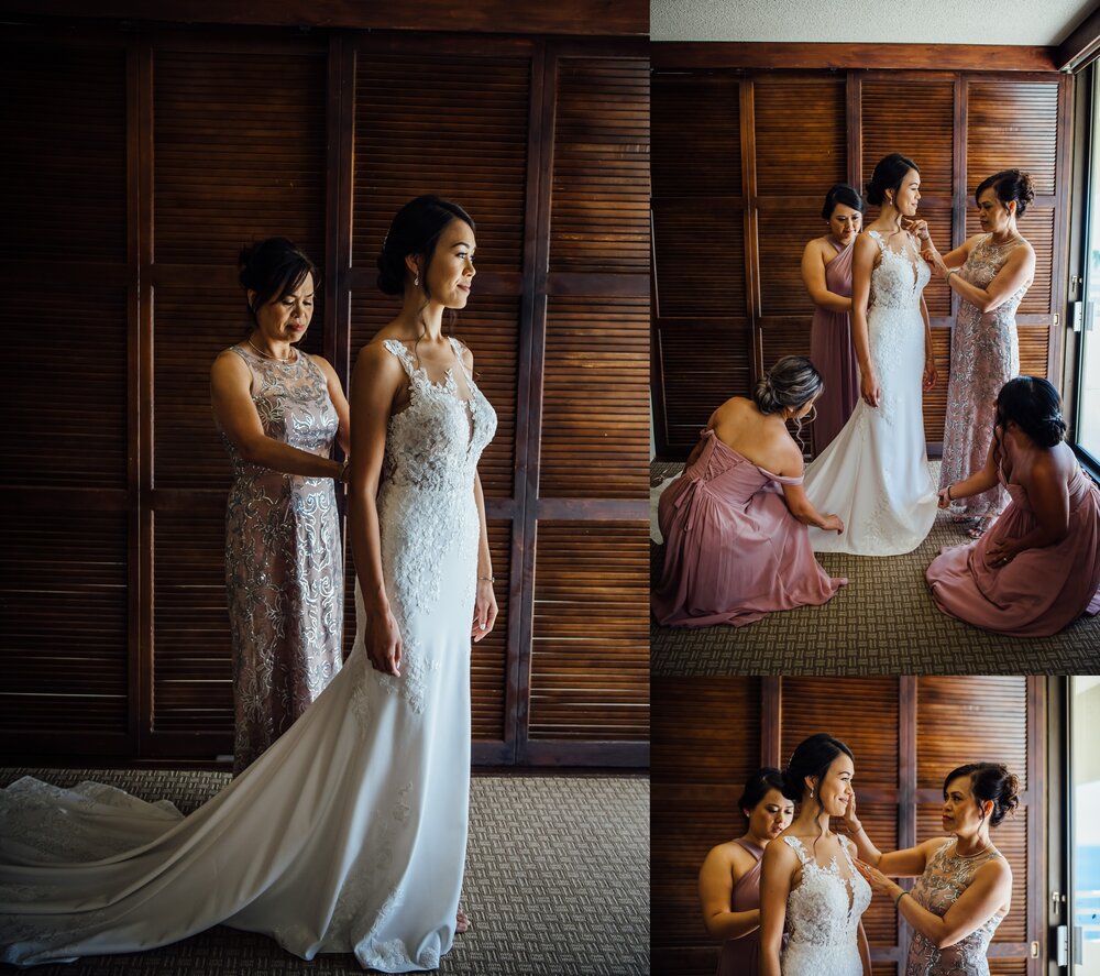 bride with bridesmaids getting ready at Roya Kona Resort