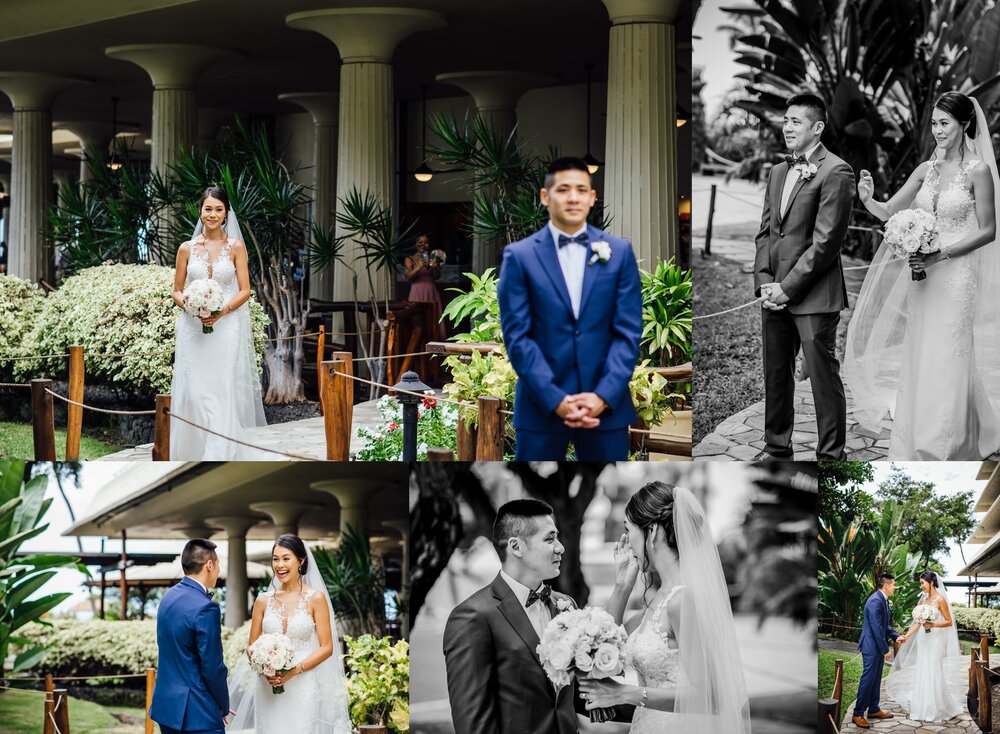 bride and groom's first look by Big Island wedding photographer
