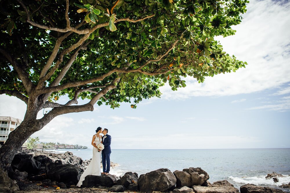bride and groom kissing under a tree at the beach