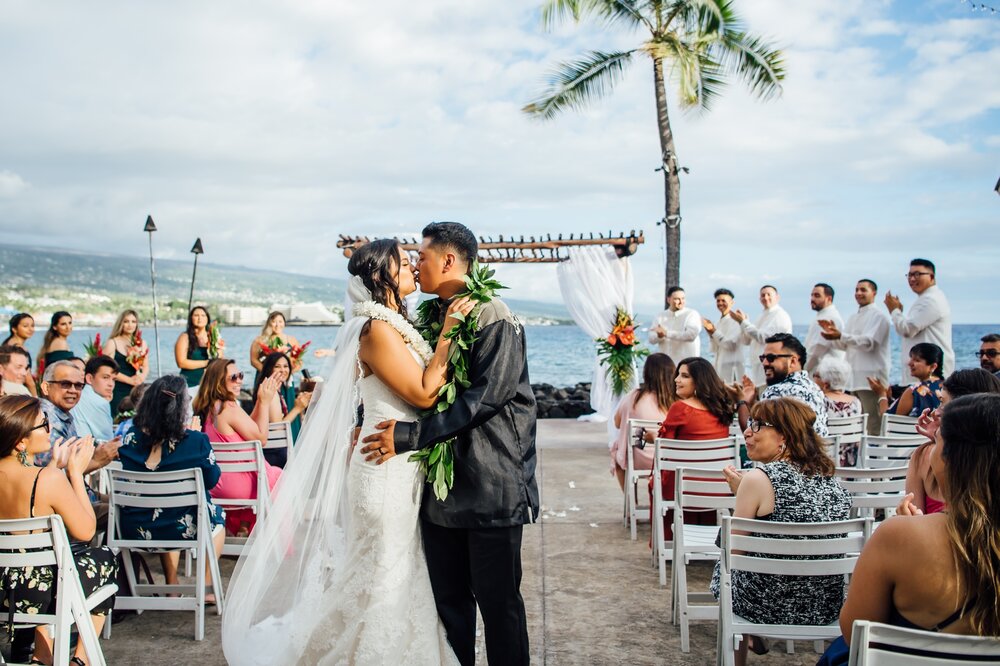 Wedding Kiss to celebrate Kona Beach Hotel Wedding