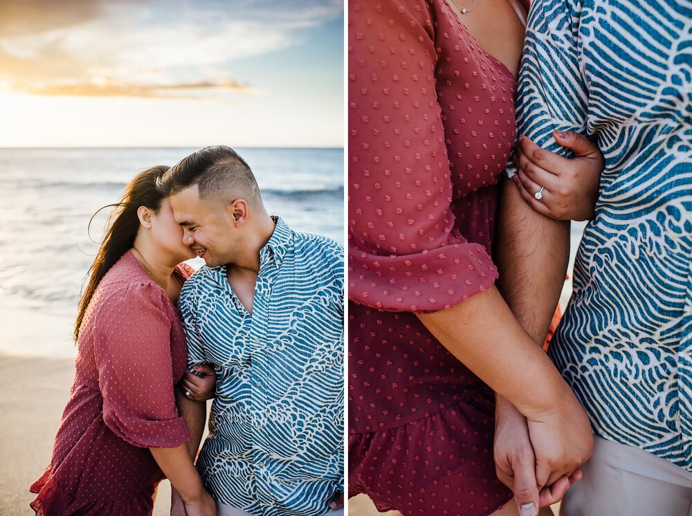 romantic couple during their Big Island beach engagement