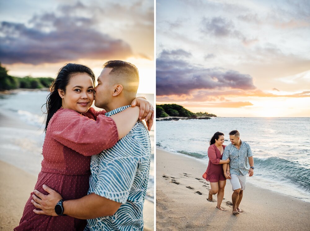 couple snuggling during their hawaii engagement session with stunning sunset
