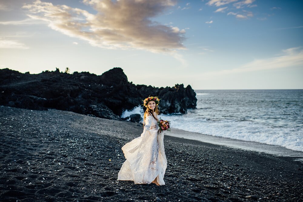 Hawaii Elopement and Wedding featuring black sand beach and stunning ocean views