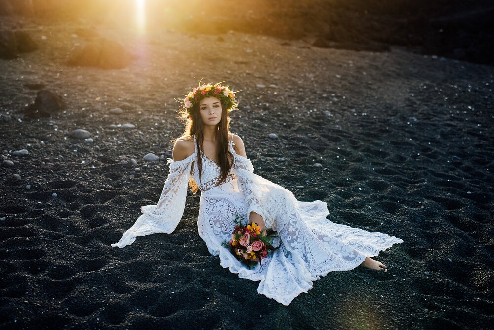 bride on black sand beach