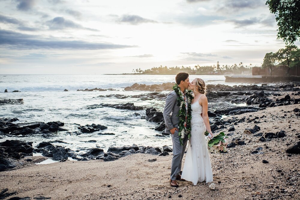wedding kiss at a big island beach destination wedding at papa kona 