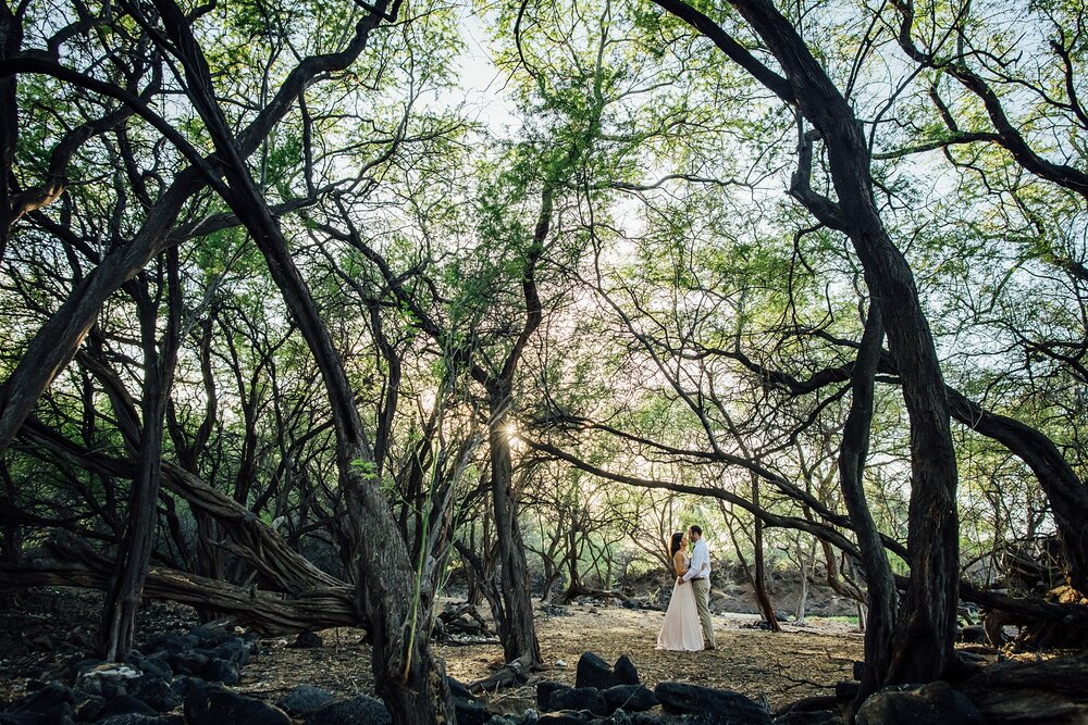 magical couple photo under the trees at black sand beach