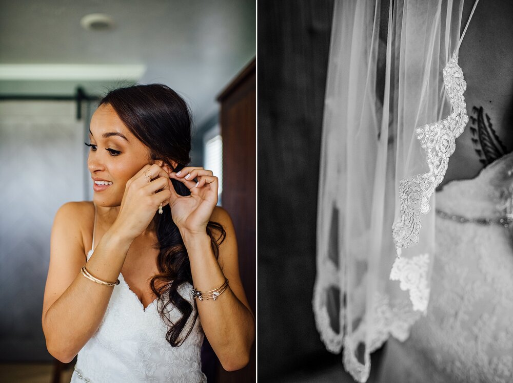 bride putting her earring on and veil details by wedding photographer
