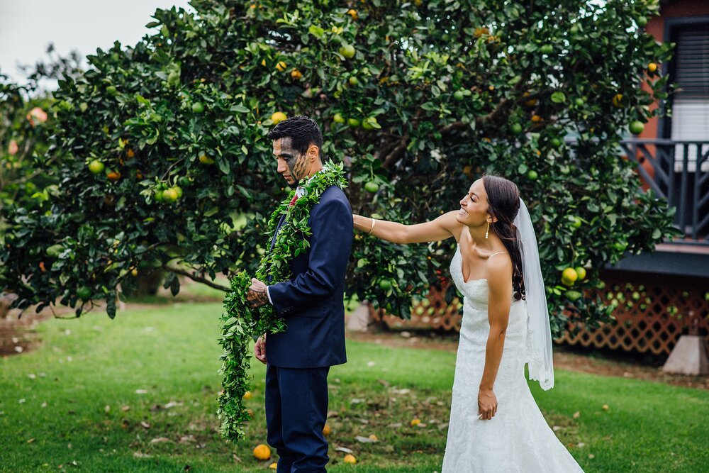 bride and groom's first look during their Hawaii wedding