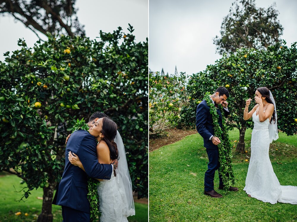 emotional first look by Hawaii wedding photographer