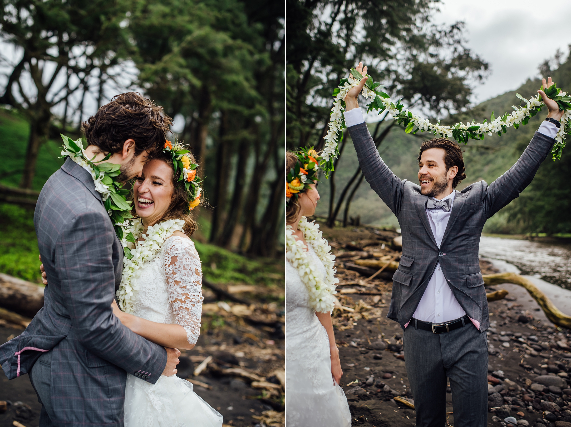 couple's happy moments after Hawaii wedding ceremony