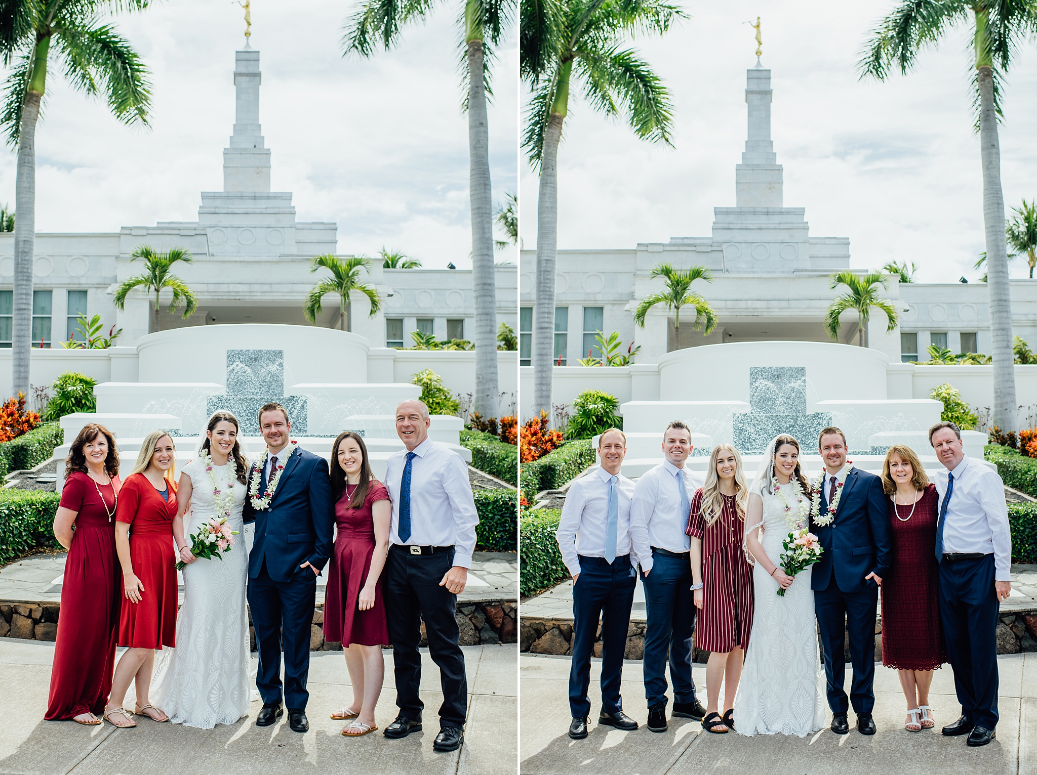 couple with their families during their kona temple wedding