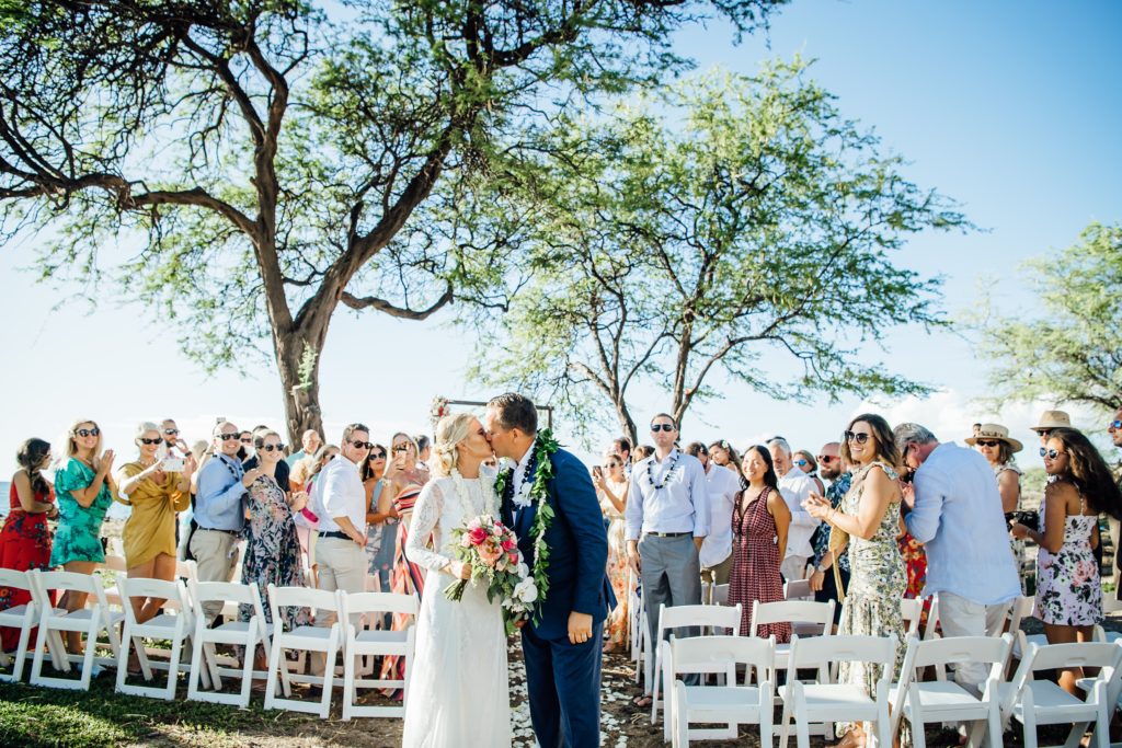wedding kiss at destination wedding in Hawaii