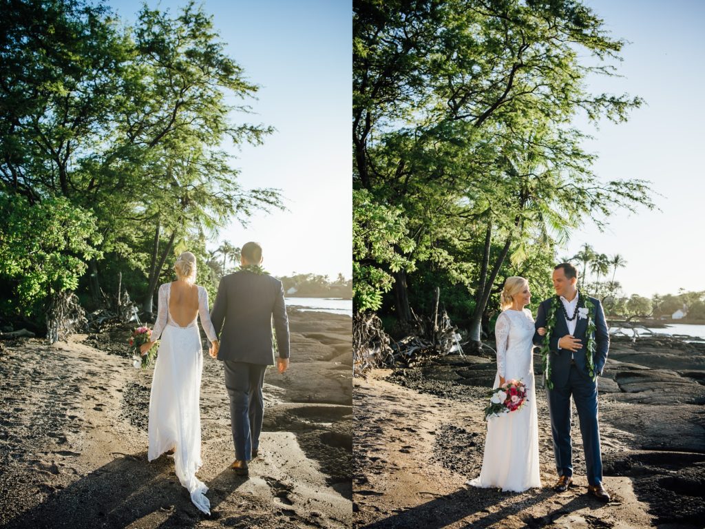 bride and groom walking in the sunset light