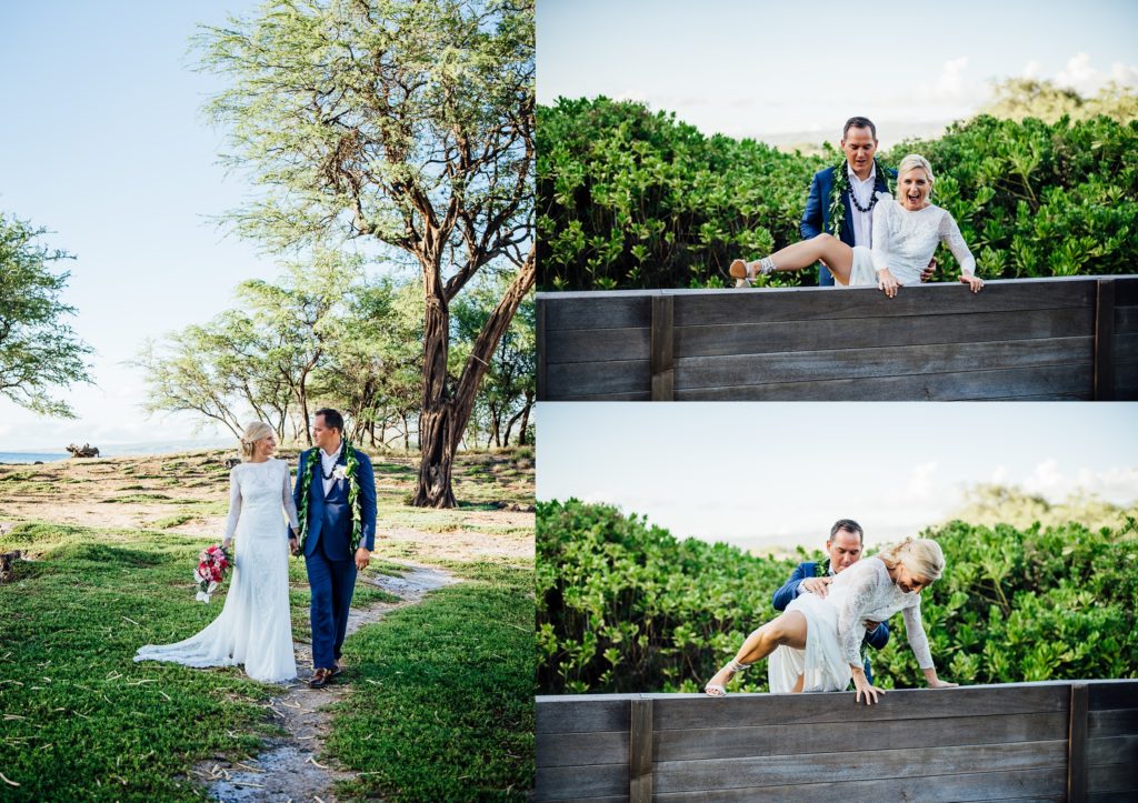 bride and groom jumping a fence during their destination wedding in Hawaii