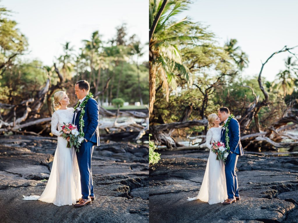 bride and groom on lava rocks at this destination wedding in Hawaii