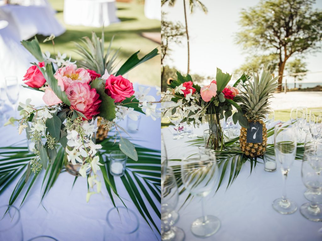 florals at the wedding reception in this destination wedding in Hawaii