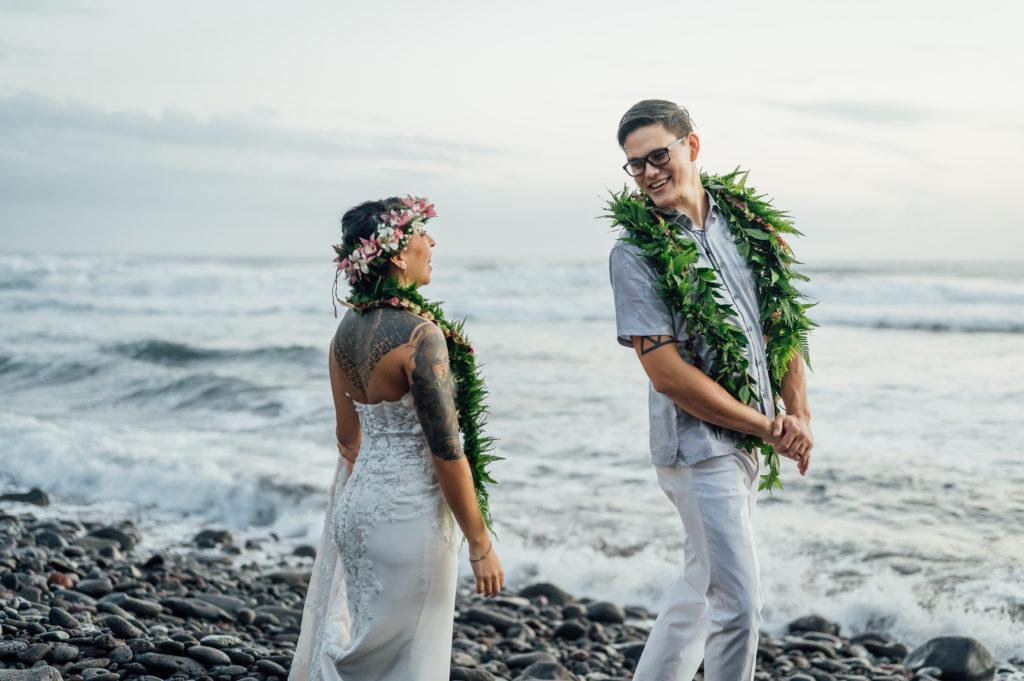 bride and groom's first look during their Hawaii adventure elopement