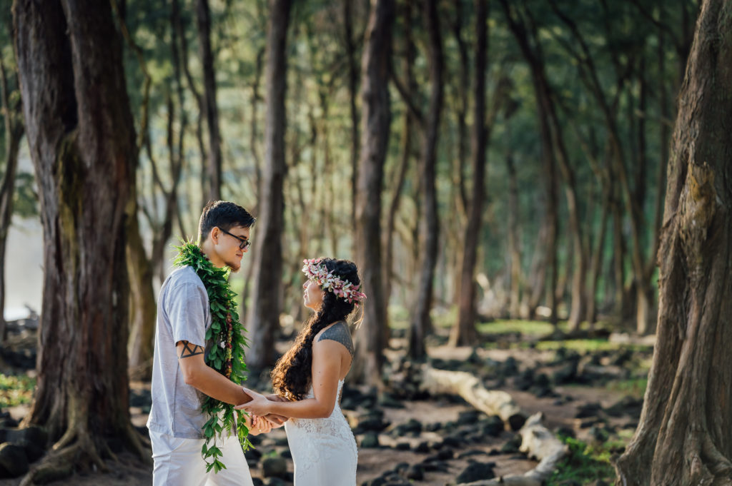 newlyweds holding hands during elopement at Big Island, Hawaii