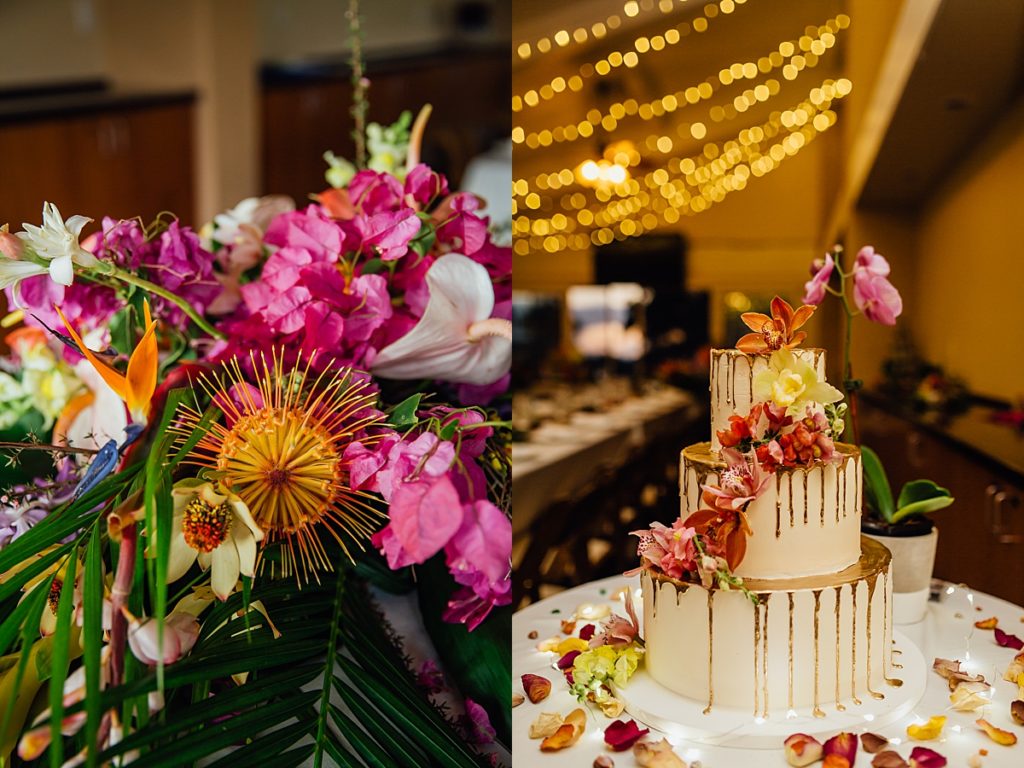 colorful wedding florals and cake