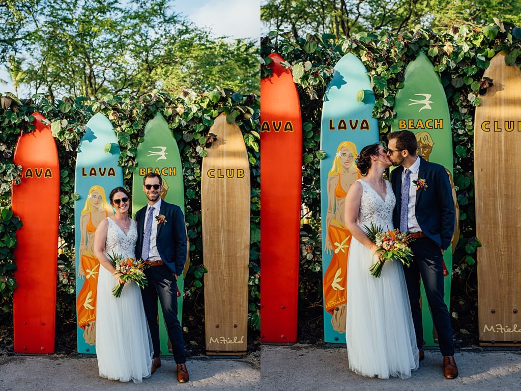 cool photos of the newlyweds with surfboards at the back