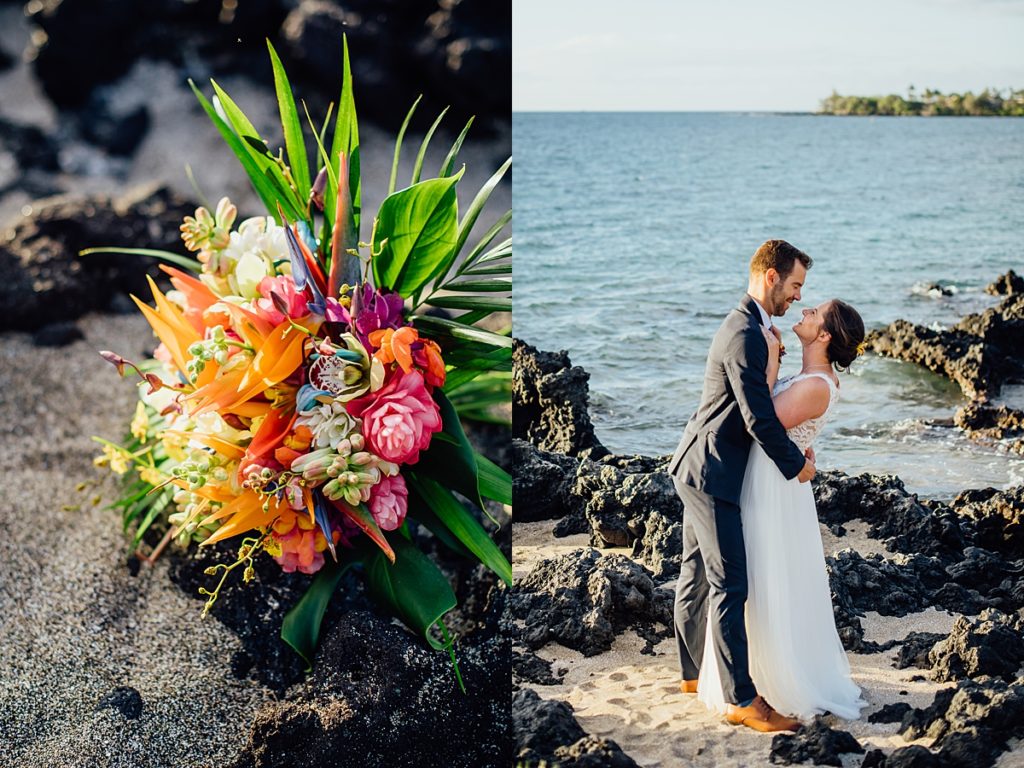 sweet newlyweds at the beach and the colorful bridal bouquet