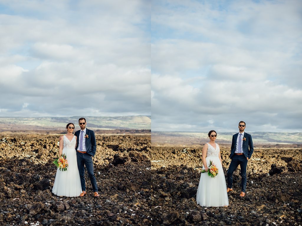 cool bride and groom standing on the lava rocks in Hawaii 