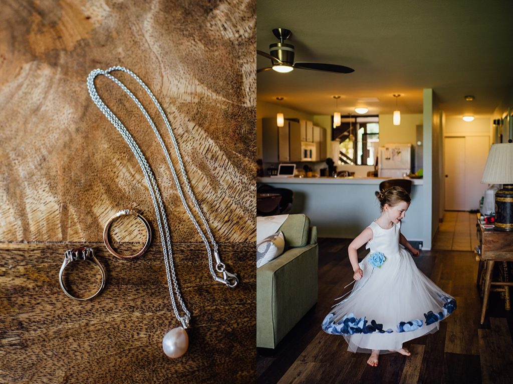 bride's jewelry and flower girl twirling around at Anna Ranch