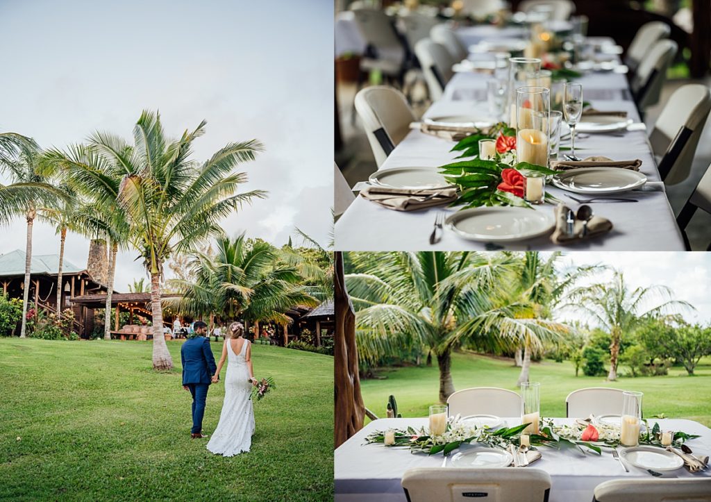 wedding photos of the couple and their reception table set-up in a Big Island wedding