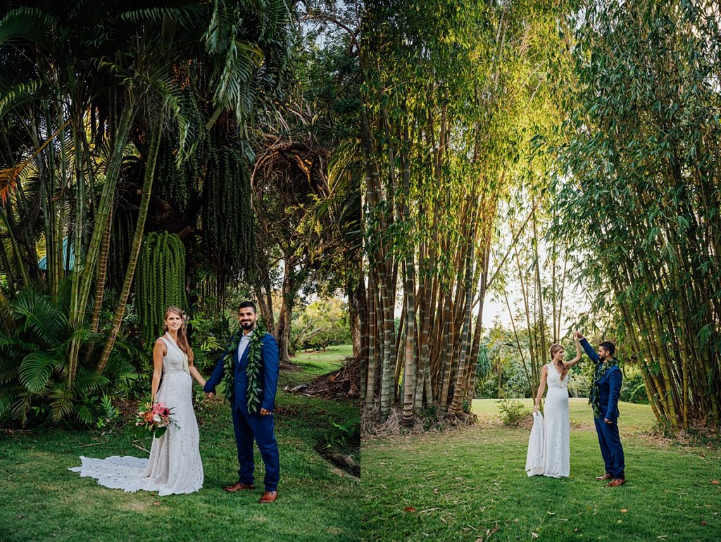 photos of bride and groom holding hands and bride about to twirl during their Big Island wedding