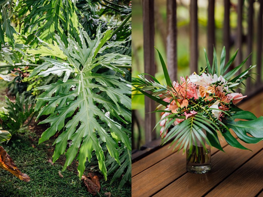 wedding location's lush plants and beautiful bridal bouquet