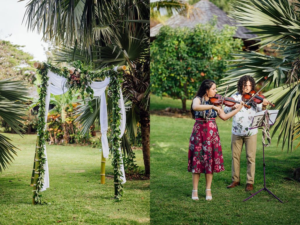 photos of the beautiful wedding arch and the two violinists in a Big Island wedding