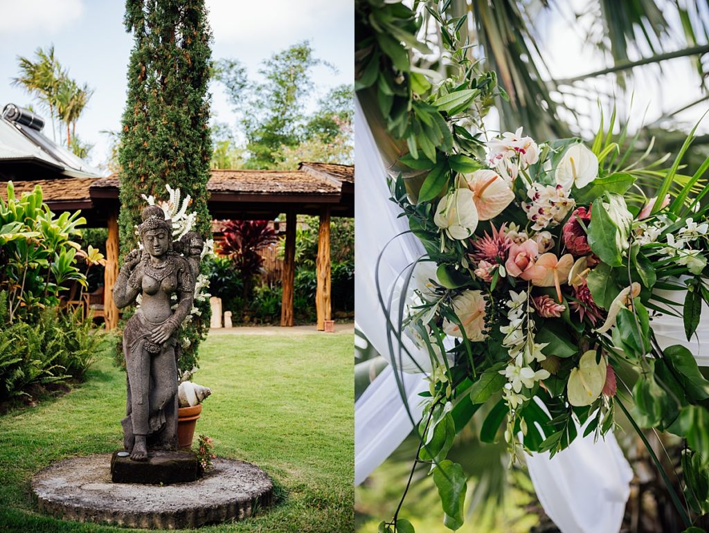 wedding photos of the venue and the lovely florals in a Big Island wedding