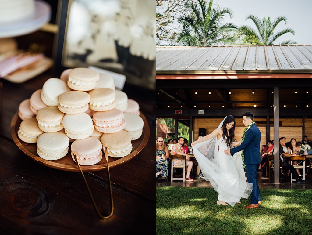 photos of a wedding dessert and bride and groom dancing during their wedding reception at Big Island