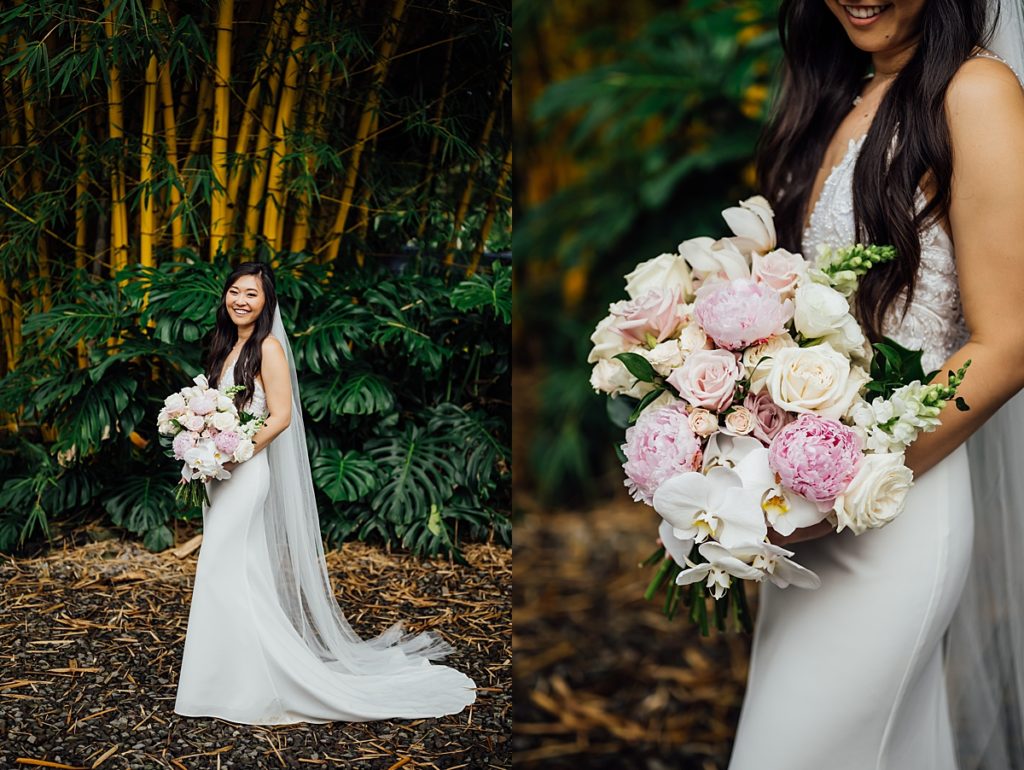 Big Island wedding photos of the radiant bride and her beautiful bouquet