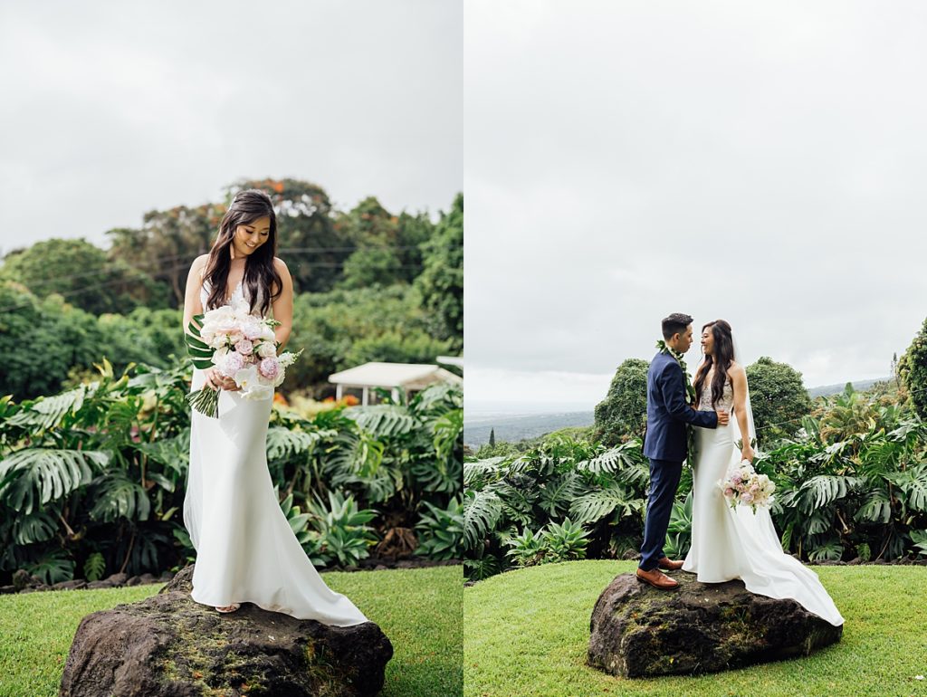 photos of the bride and groom standing on a big rock during their Big Island wedding