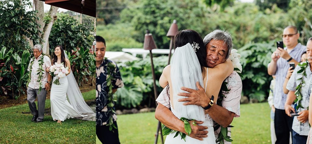 Big Island wedding photos of the bride walking down the aisle with his father and her hugging him