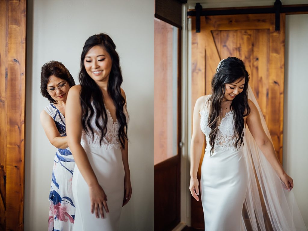 stunning bride getting ready with her mom 
