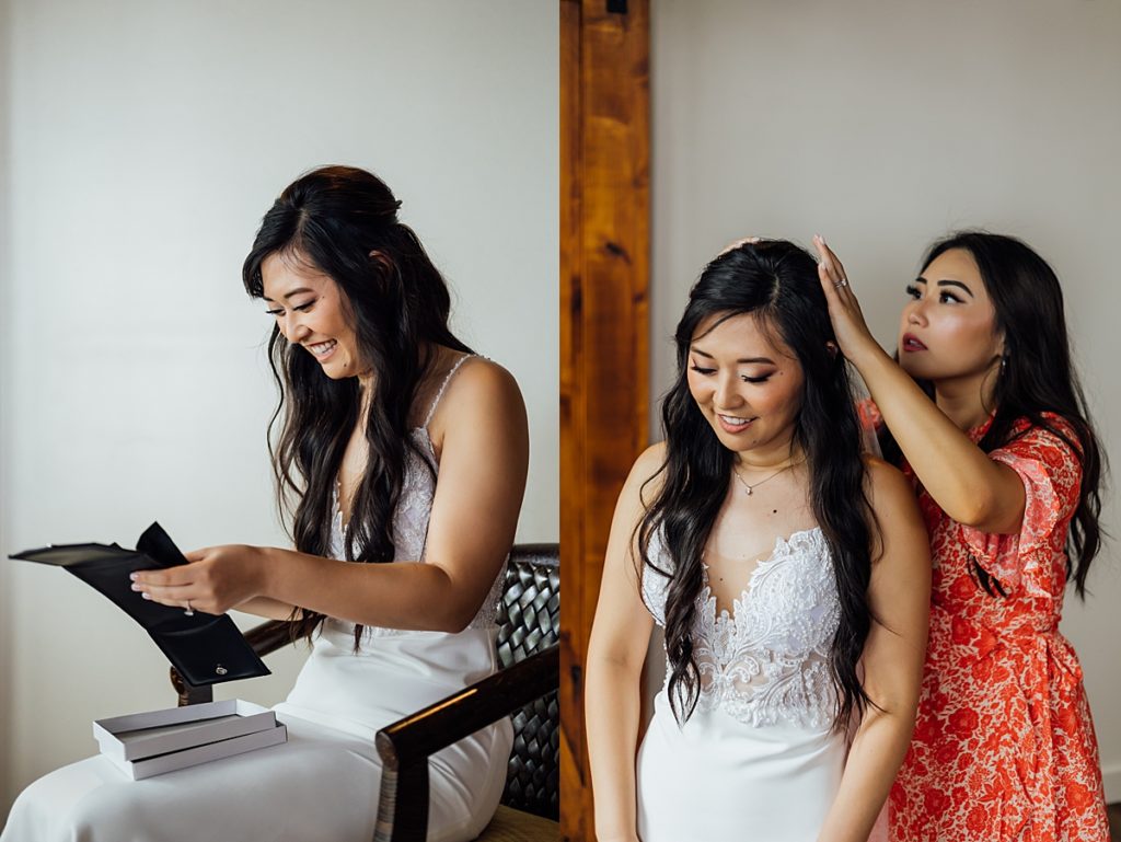 bride getting ready with her friend for her Big Island wedding