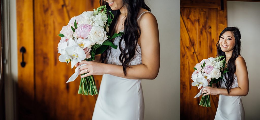glowing bride and her wedding bouquet at Holualoa Inn