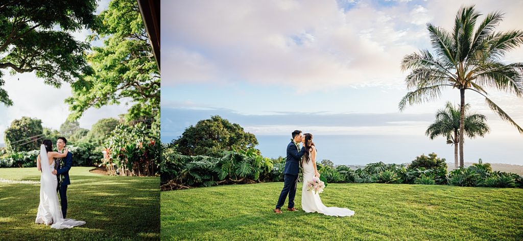 wedding photos of bride and groom looking and kissing each other on the grass during their Big Island wedding