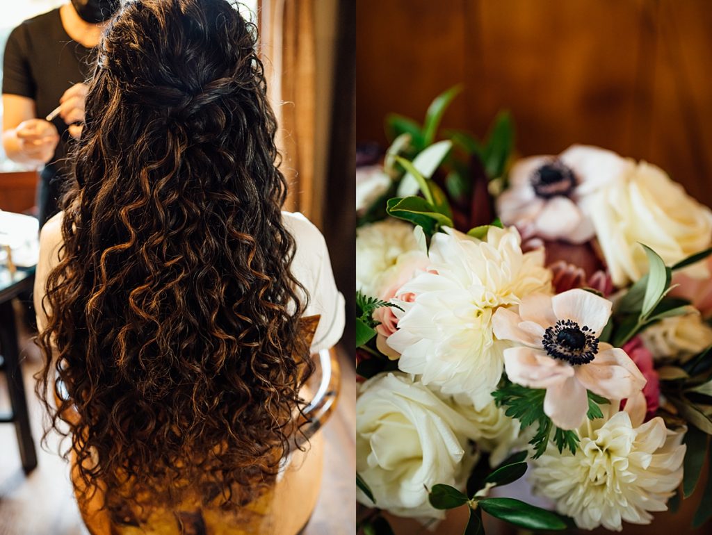 bridal hair and bouquet 