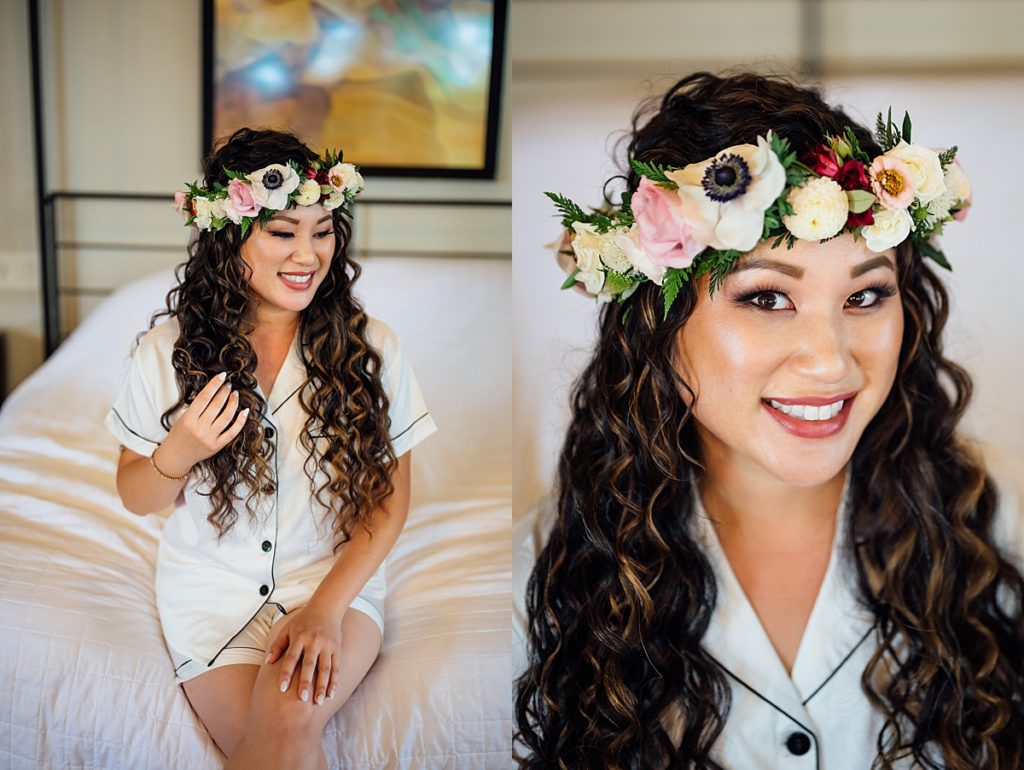 lovely bride with her floral crown by wedding photographer