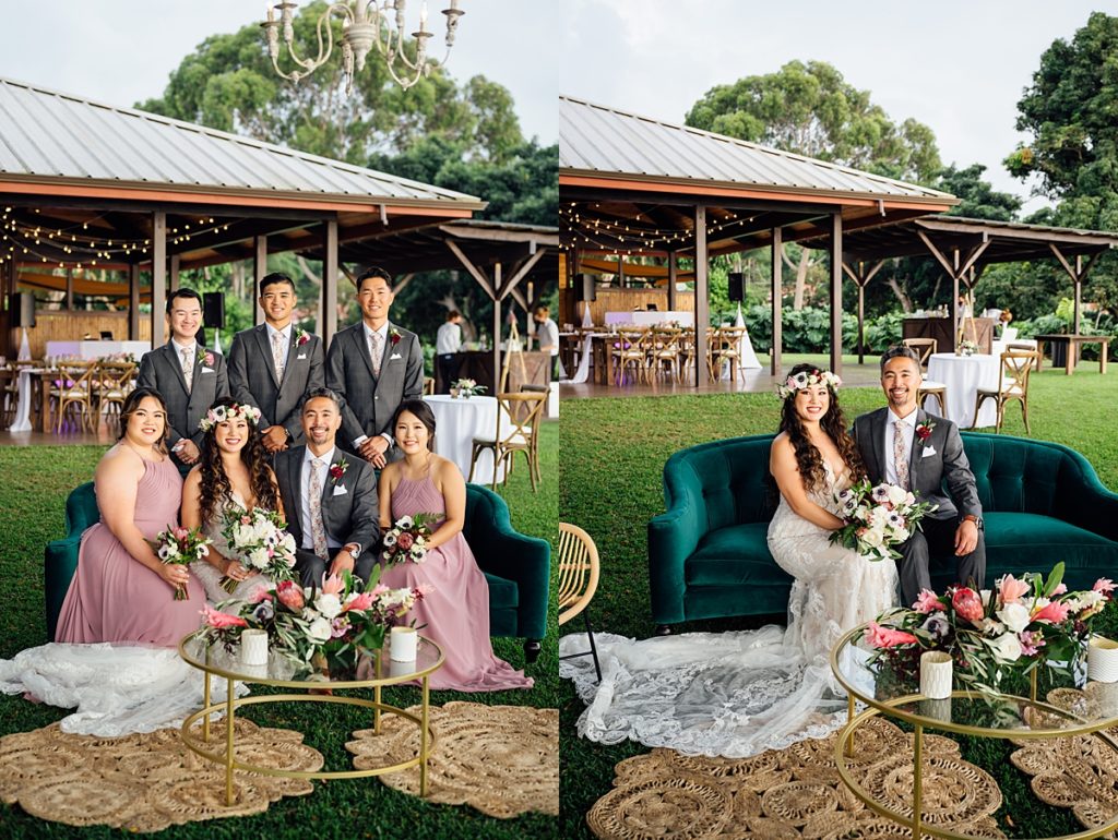 photo of the bride and groom with their wedding party at the Big Island